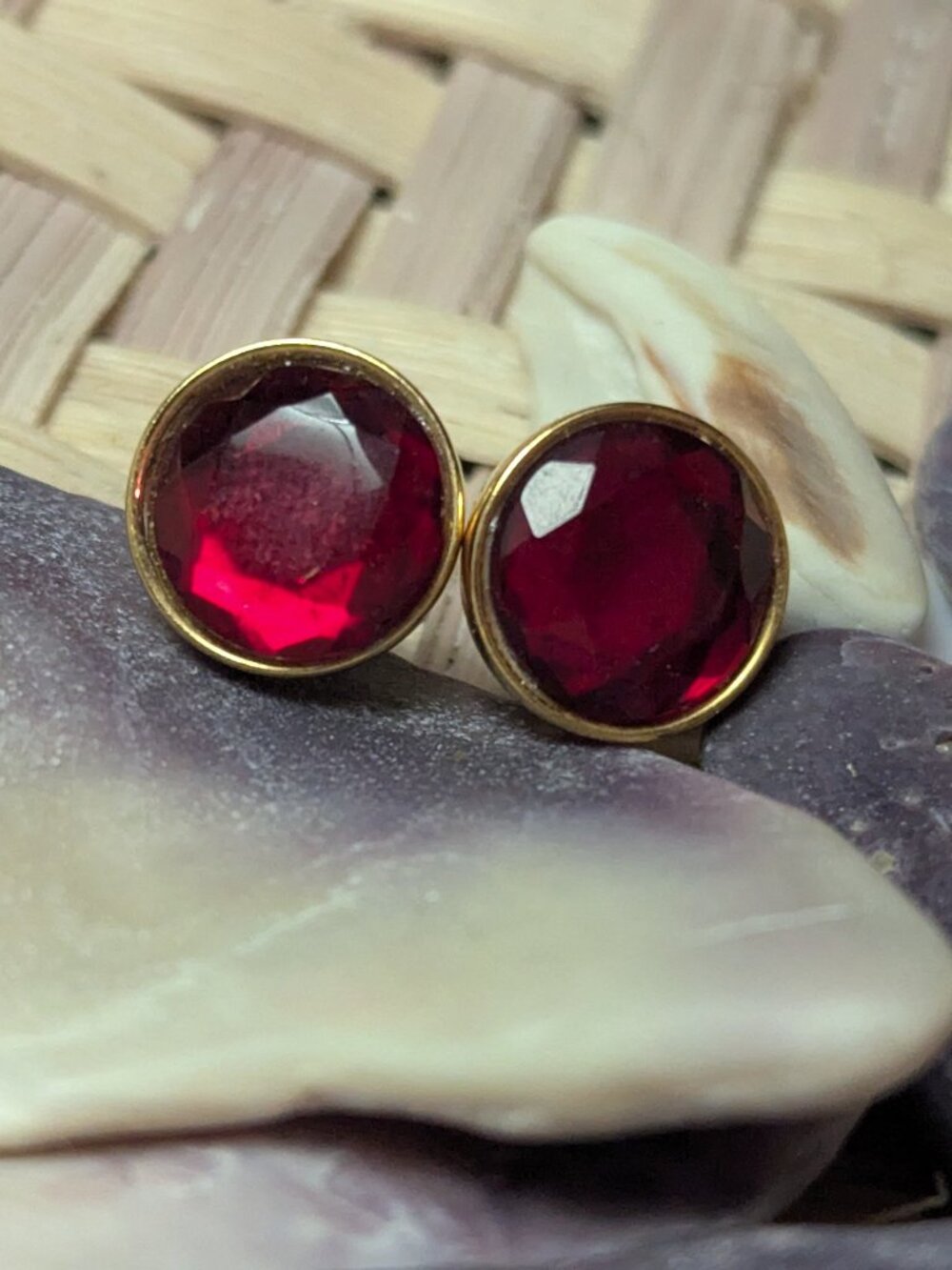 Vintage Red Stone Studs Gold Tone Bezel Stud Earrings Round Large Statement .75”